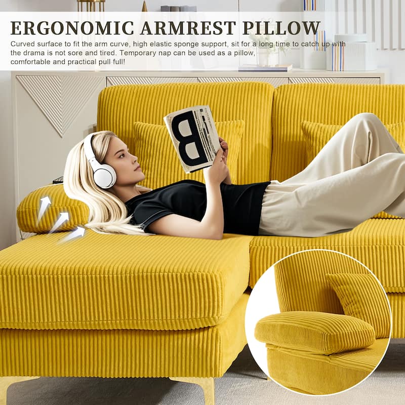 HOMEFUN Corduroy Upholstered U-shaped Adjustable Light Modular Sectional Sofa With Type-C and USB ports