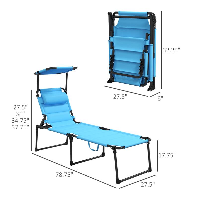 Outdoor Folding Chaise Lounge Chair Set of 2 with Canopy, Pillow and 4-Position Recline for Beach Patio or Camping