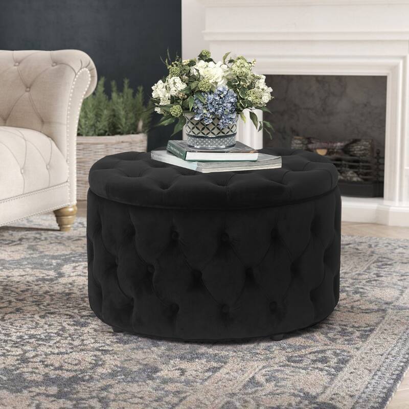Adeco Round Storage Ottoman Button Tufted Footrest Stool Bench
