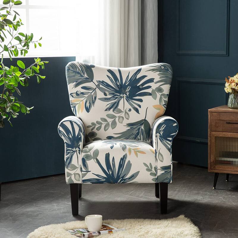 Erommy Wing back Arm Chair, Upholstered Fabric High Back Chair with Wood Legs