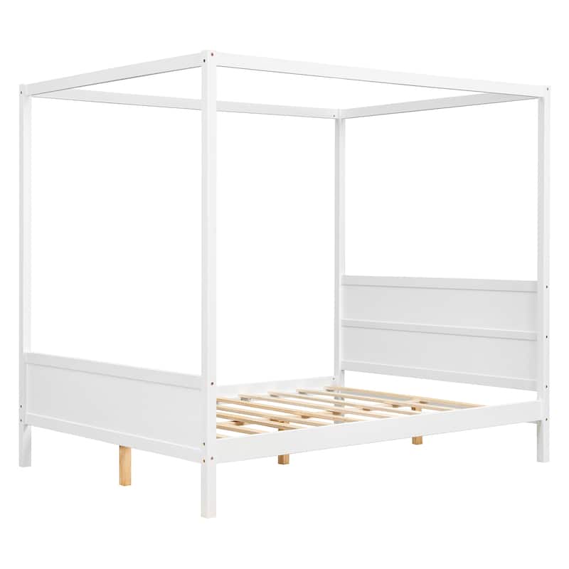 Queen Size White Canopy Platform Bed with Headboard, Footboard and Slat Support