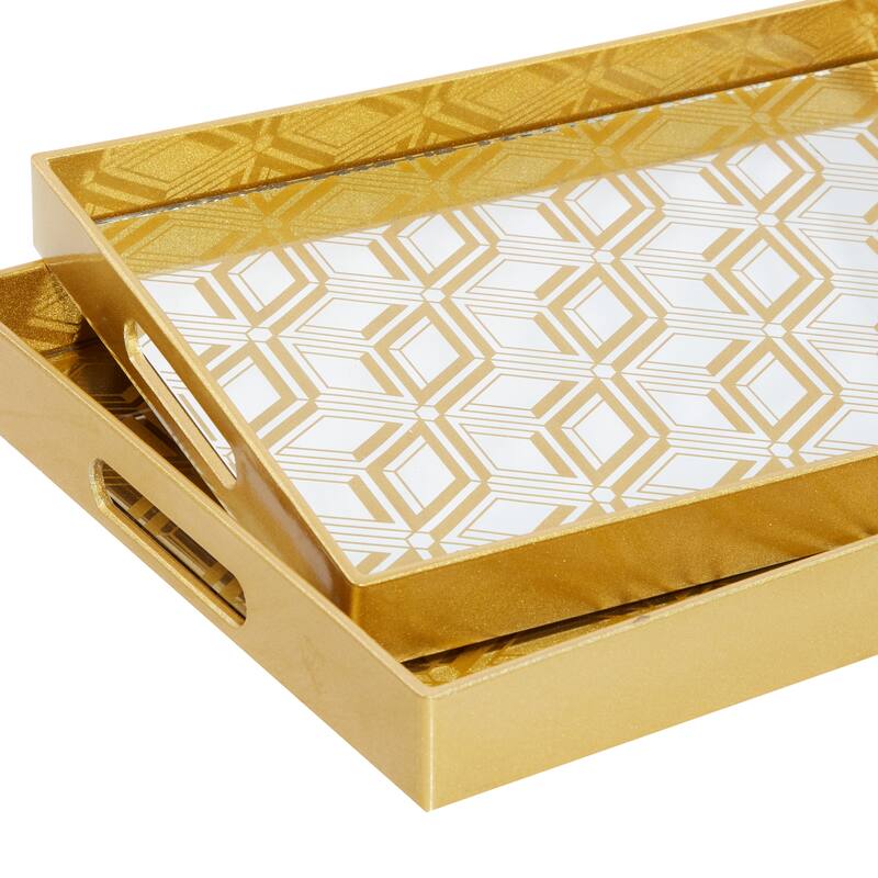 CosmoLiving by Cosmopolitan Gold Plastic Mirrored Geometric Living Room Decor Tray (Set of 2) - S/2 14", 16"W