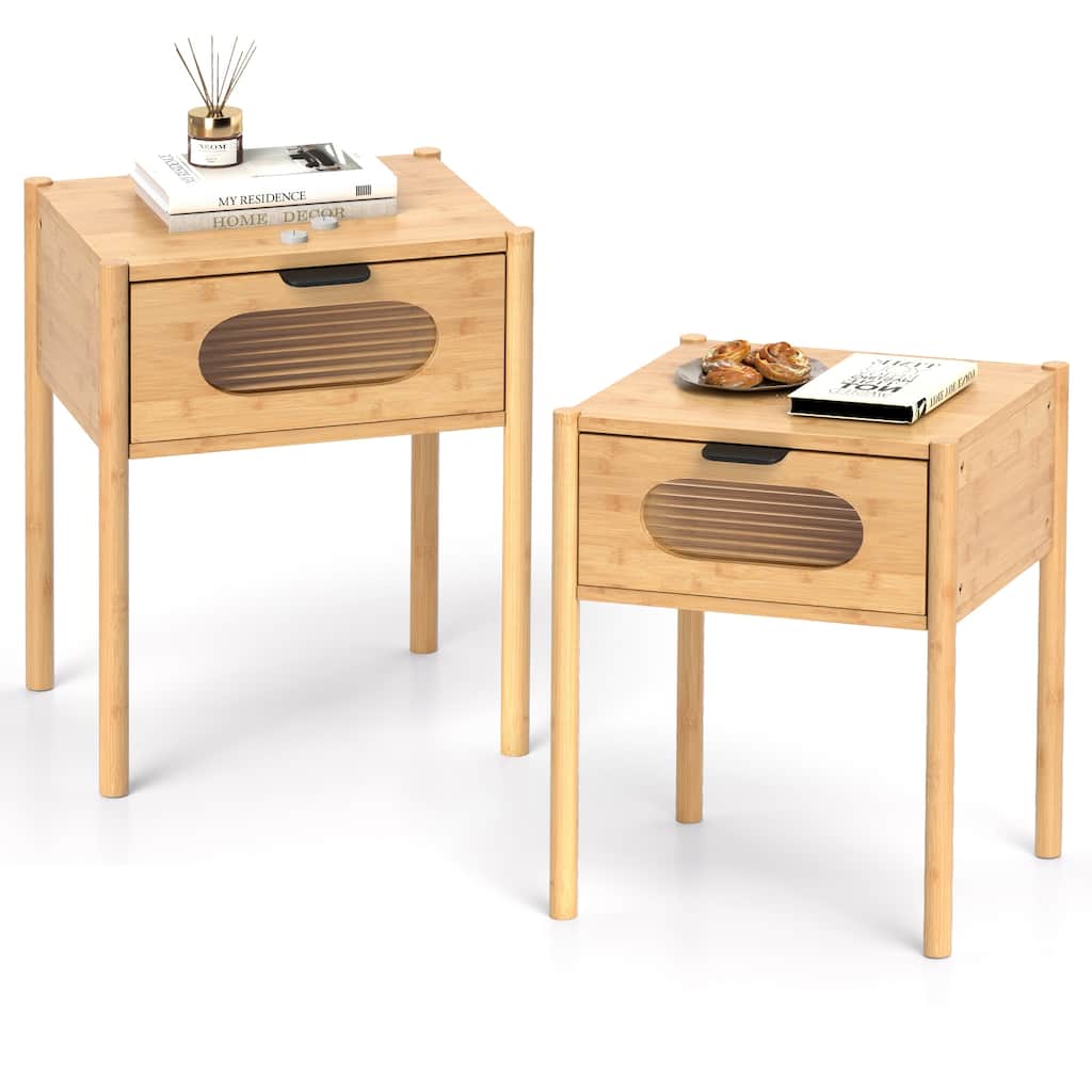 Gymax 2PCS Bamboo Nightstand Farmhouse Bedside Table w/ Tempered Glass