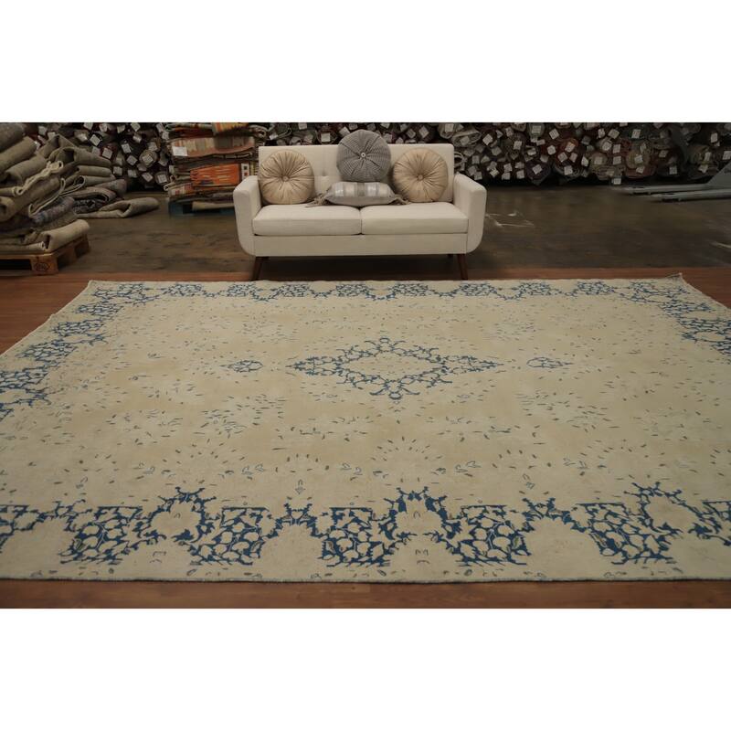 Hand Knotted Oriental 100% Wool Carpet Traditional Floral Beige & Ivories Kerman Area Rug - 12' 10'' X 9' 4''