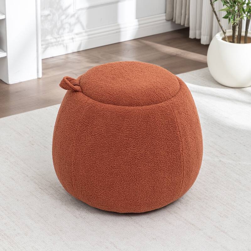 SEYNAR 25" Faux Sherpa Round Storage Ottoman - Large Cozy Bouclé Footrest Stool - Orange