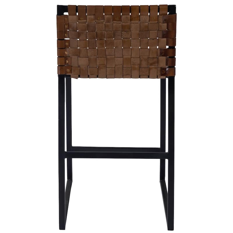 Brown Leather Tall Bar Stool with Full Back, Black Iron Frame and Footrest