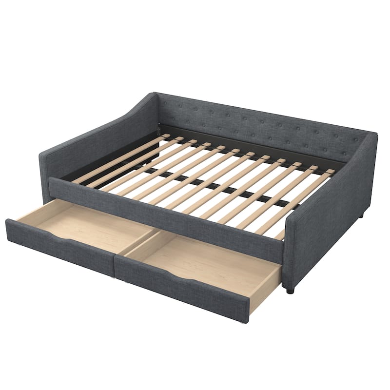 Full Size Upholstered Daybed with Drawers, Waved Arms and Tufted Back