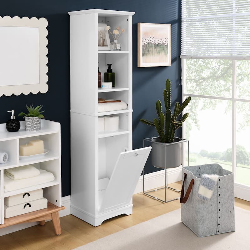 64" Tall Bathroom Floor Standing Storage Cabine with 4 Adjustable Shelves & Laundry Hamper Storage - White