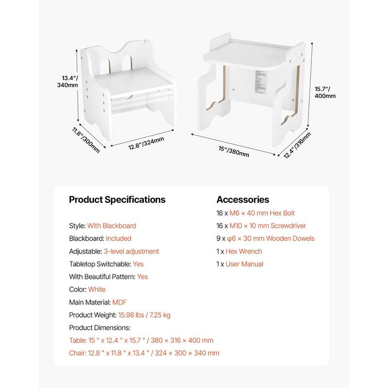 White MDF Adjustable Montessori Table Set with Chalkboard & Pattern - 15" x 12.4" x 15.7"