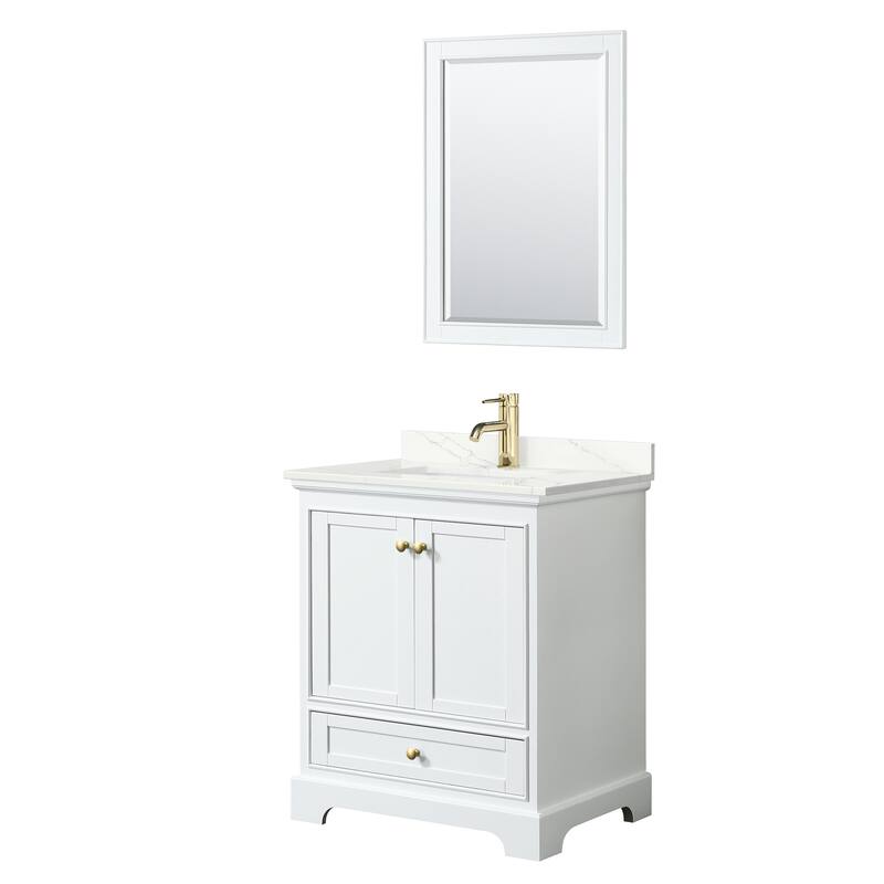 Deborah 30-inch Single Vanity, Quartz Top, 24-inch Mirror - White, Gold Trim, Giotto Quartz Top