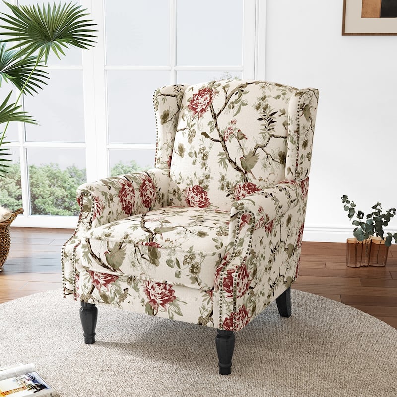 Mid-Century Modern Linen/ Vegan Leather Wing Back Accent Chair