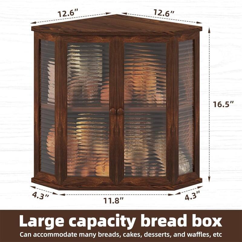 Extra-large locust wood square bread box 16.5-inch wooden bread box with glass wave door, farmhouse style design.
