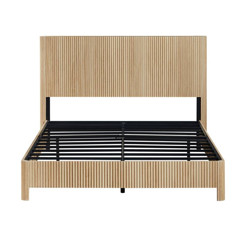 Queen Size Wooden Bed Frame with Metal Slat Support, Noise Free, Classic Queen Platform Bed with Corrugated Curved Lines - Oak - Queen
