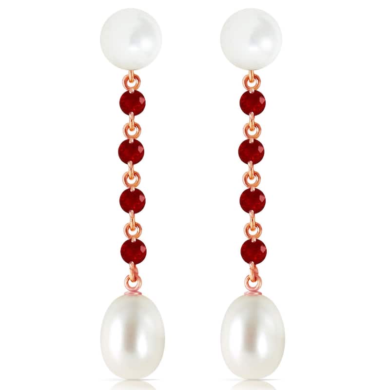14K Solid Gold Chandelier Natural Ruby & Pearl Gemstone Earrings