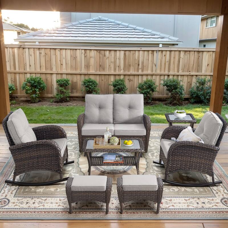 Patio Glider Sofa with Rocking Chair, Ottoman, Side Table - Beige - Brown