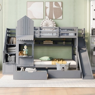 Impression & Castle Style Twin over Twin Bunk Bed with 2 Drawers 3 Shelves and Slide, Sturdy construction & Extra Fun, Gray