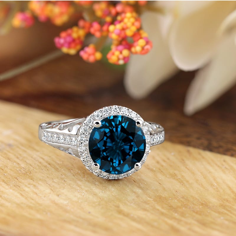 Auriya 2 5/8ct Fancy Round London Blue Topaz and Halo Diamond Engagement Ring 1/5ctw 14k Gold