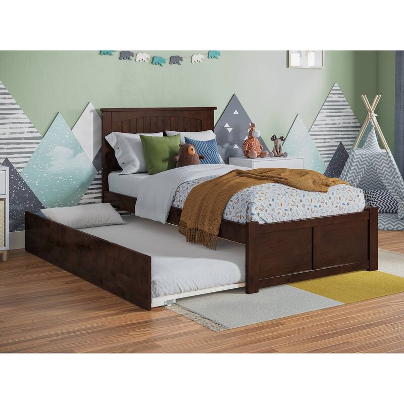 AFI Nantucket Twin Size Platform Bed with Footboard and Twin Trundle in White - Walnut - Twin
