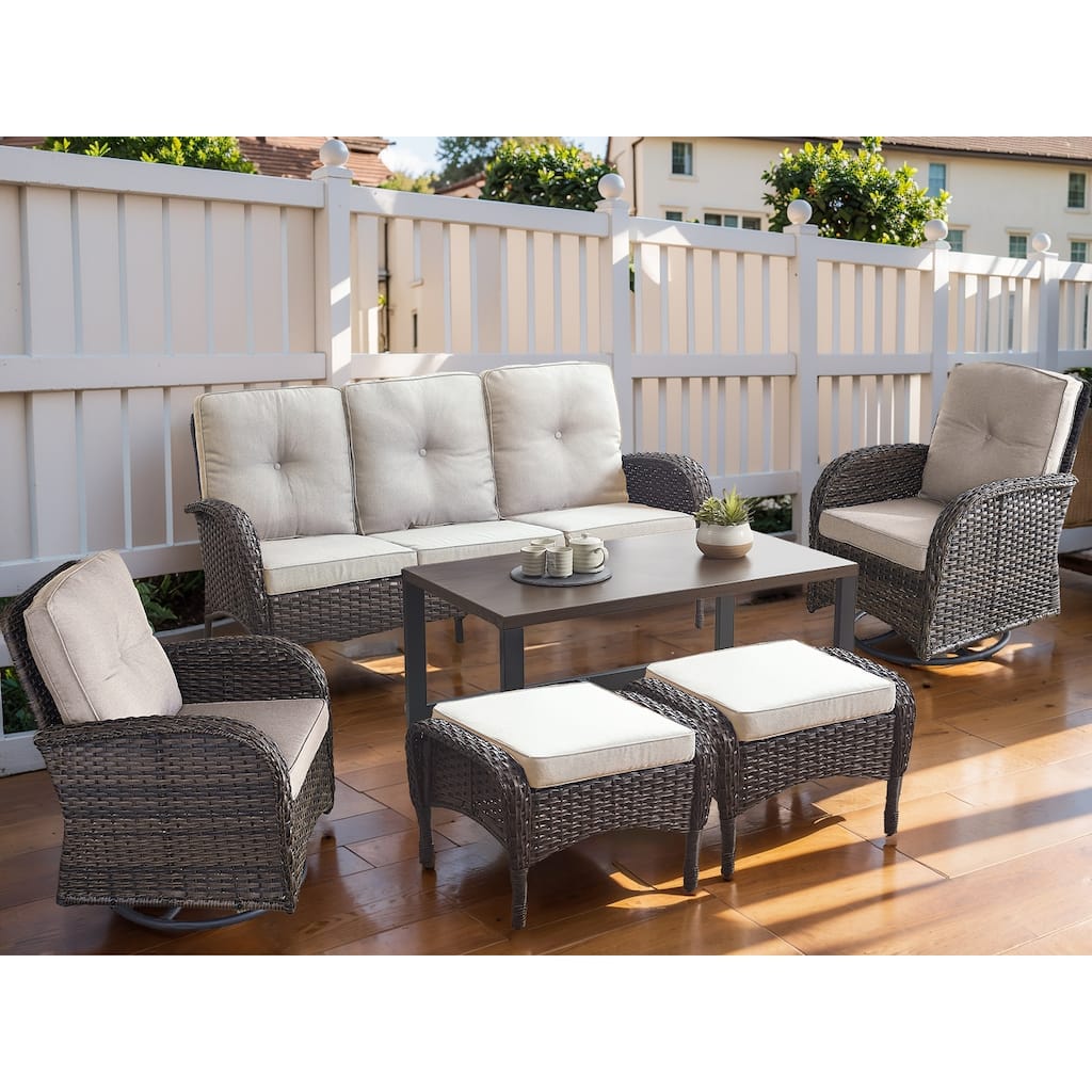 Patio Glider Rocking Chair with Sofa and Ottoman, Coffee Table - Brown