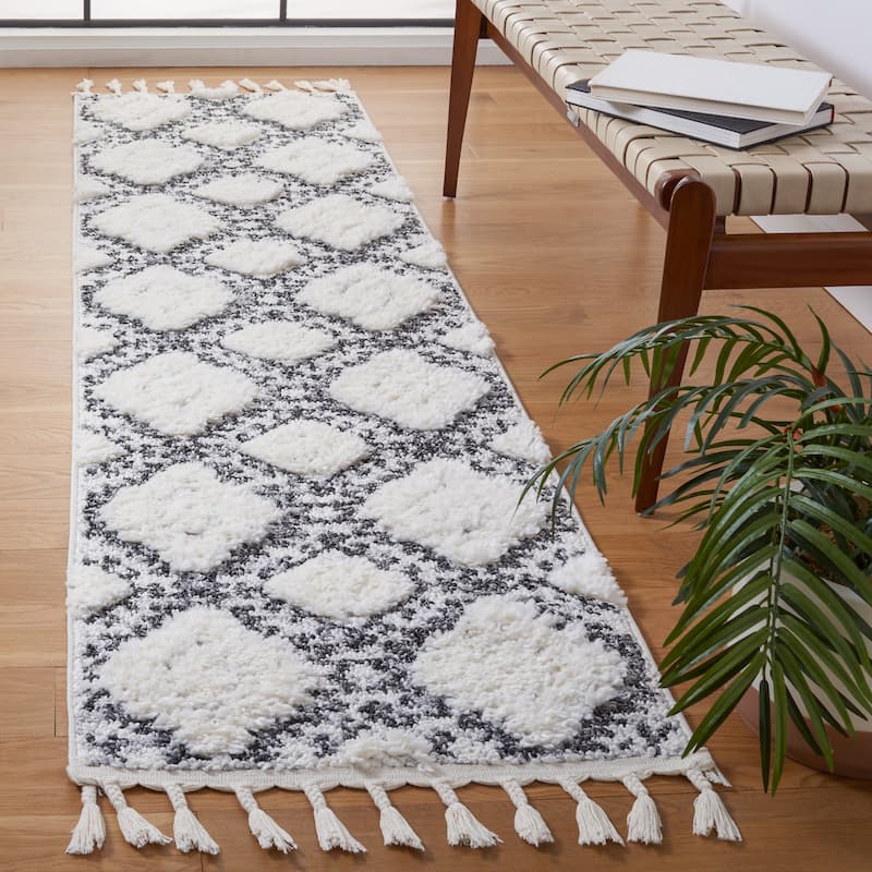 SAFAVIEH Moroccan Tassel Shag Marianne 2-inch Thick Rug - 2'3" x 8' Runner - Ivory/Grey
