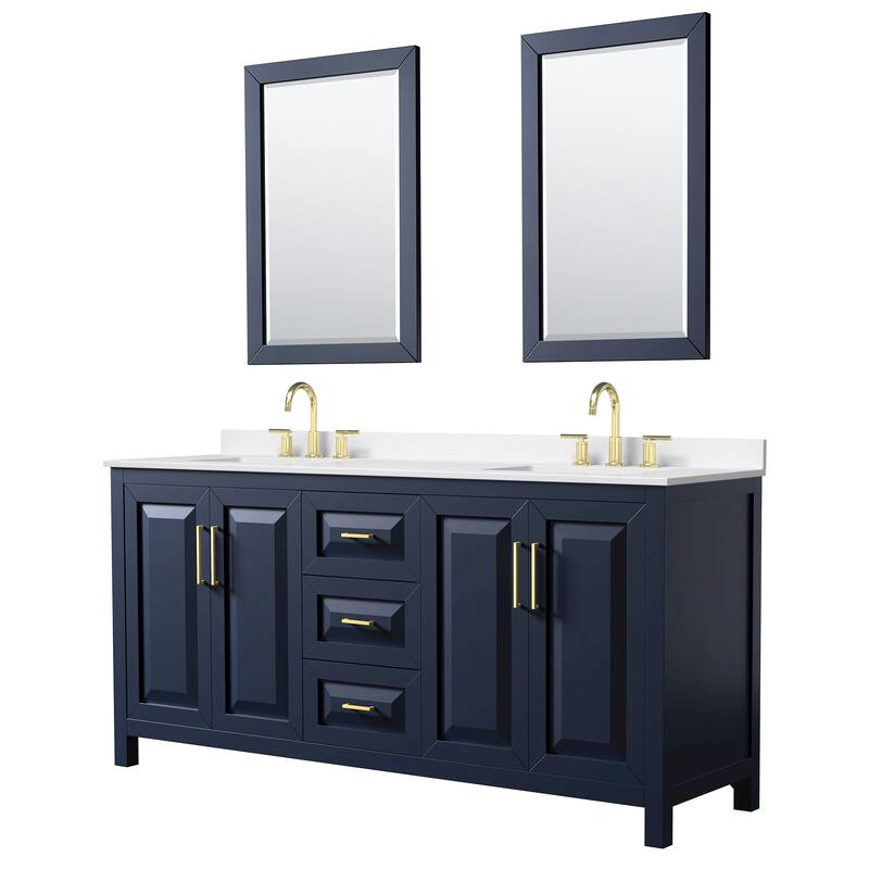 Daria 72-inch Double Vanity, 3 Hole Quartz Top, 24-inch Mirrors - Dark Blue, Gold Trim, White Quartz Top