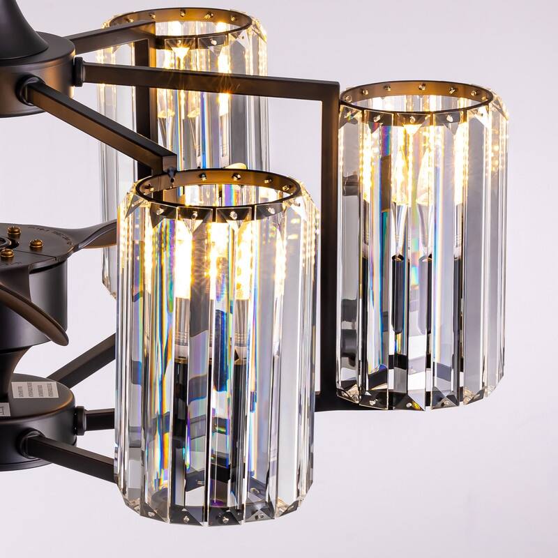 27" Crystal Ceiling Fan with Light and Remote Control 6-Light Black Caged Fandelier Luxury Ceiling Fan for Living Room Kitchen