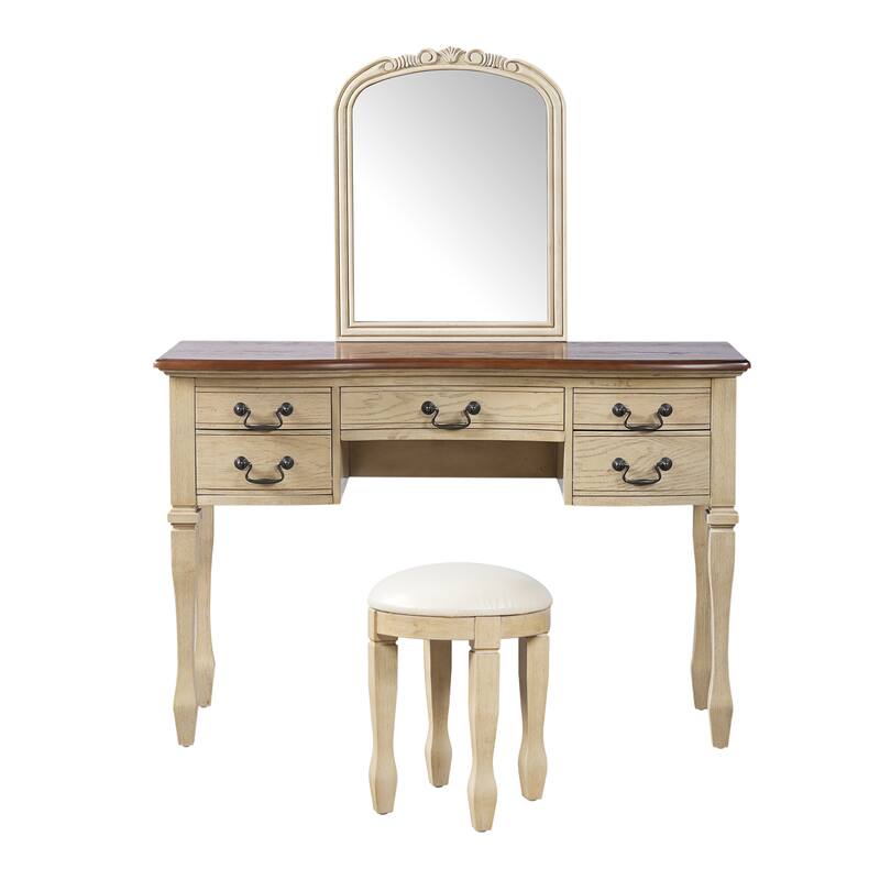 Roomfitters 46" Makeup Vanity with Mirror and Stool, French Country Dressing Table Desk with 5 Drawers, Brown+Antique White