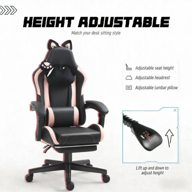 Faux Leather Gaming Chair with Footrest, Racing Gamer Chair, Headrest and Lumbar Support
