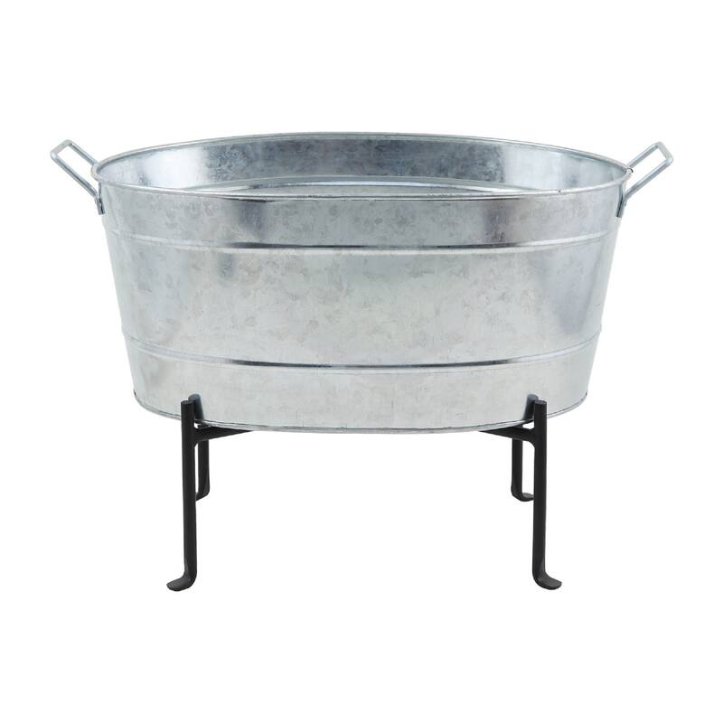 Achla Designs Classic Oval Galvanized Tub With Folding Stand, 24 Inch Wide, Steel - 24"