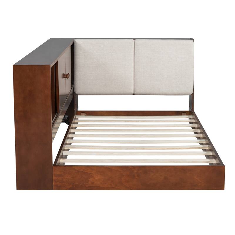 L-shaped Daybed Wooden Corner Sofa Bed Frame with Sliding Doors Bookcase Captains Bed, Upholstered Headboard Built-in Storage