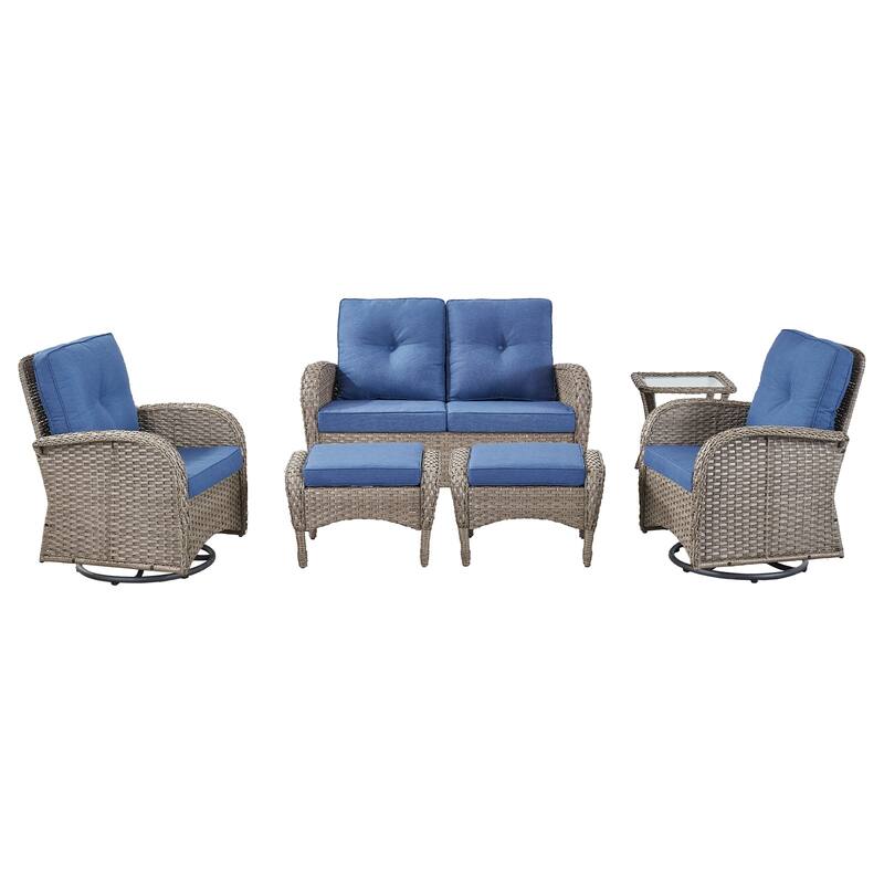 Pocassy 6 Pieces Glider Sofa with Swivel Chairs Ottomans Table