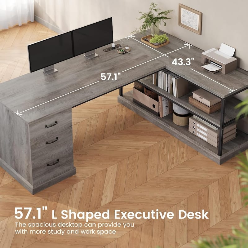 L Shaped Desk Drawers Storage Shelves Executive Home Office Desk