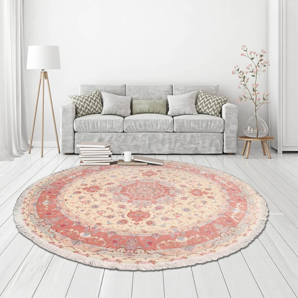 Hand Knotted Ivory Persian Wool & Silk Traditional Oriental Area Rug - 8' 2'' x 8' 2''