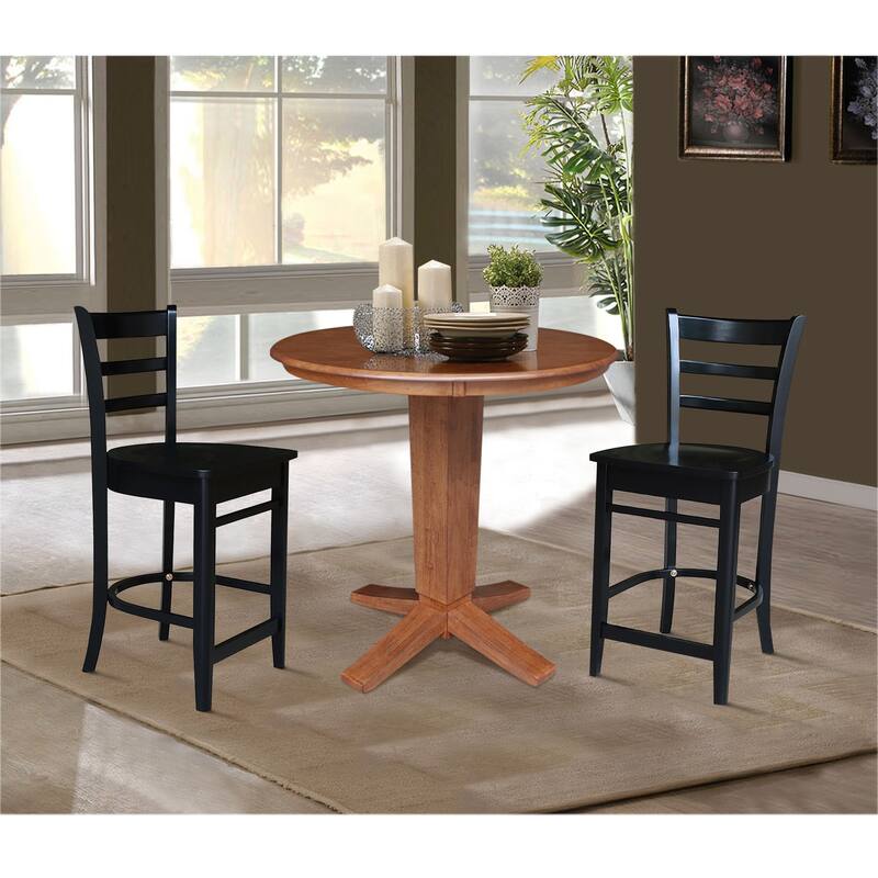 36 in Solid Wood Round Top Pedestal Dining Table with Stools in Distressed Oak/Black