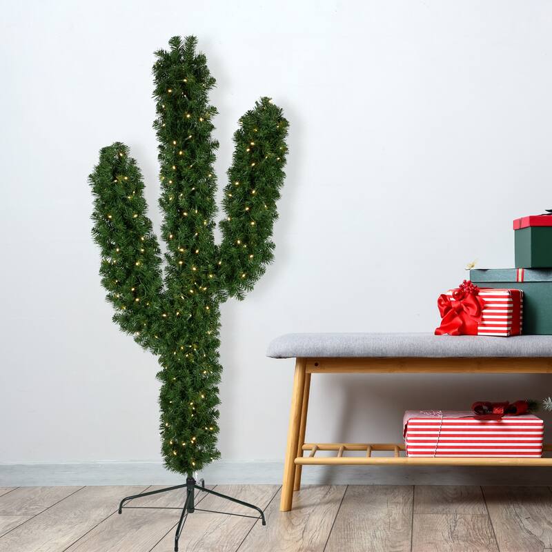 6' Pre-Lit Artificial Pine Cactus Christmas Tree, Warm Clear LED Lights