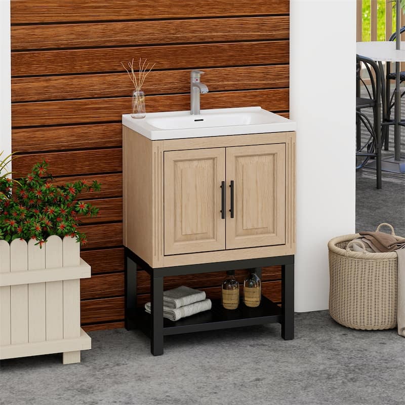 24" Bathroom Vanity with White Ceramic Sink & Hot and Cold Faucet - Natural