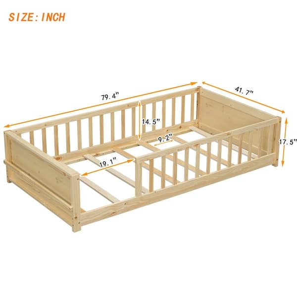 dimension image slide 1 of 3, Twin Size Pine Wood Floor Platform Bed with Built-in Book Storage Rack and Fence