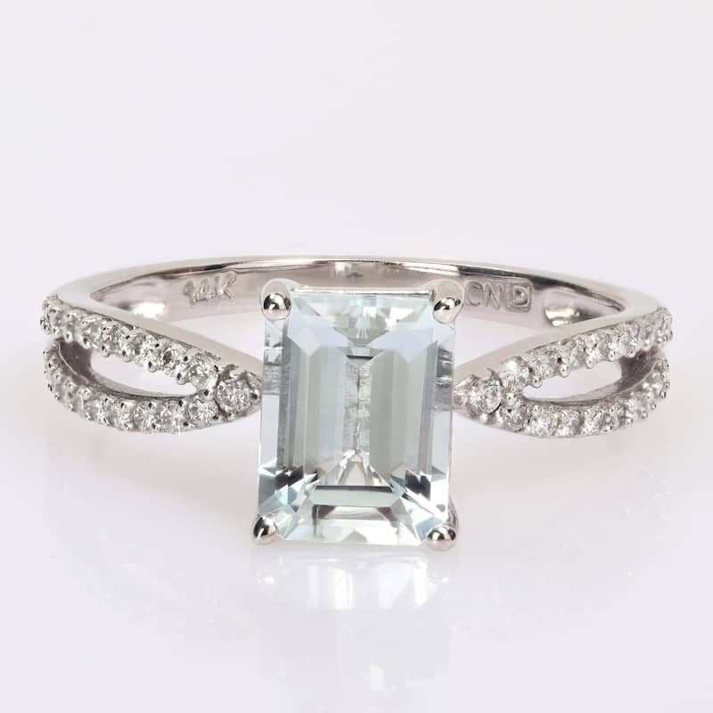 Miadora Octagon-cut Aquamarine and 1/5ct TDW Diamond Split Shank Cocktail Ring in 14k White Gold
