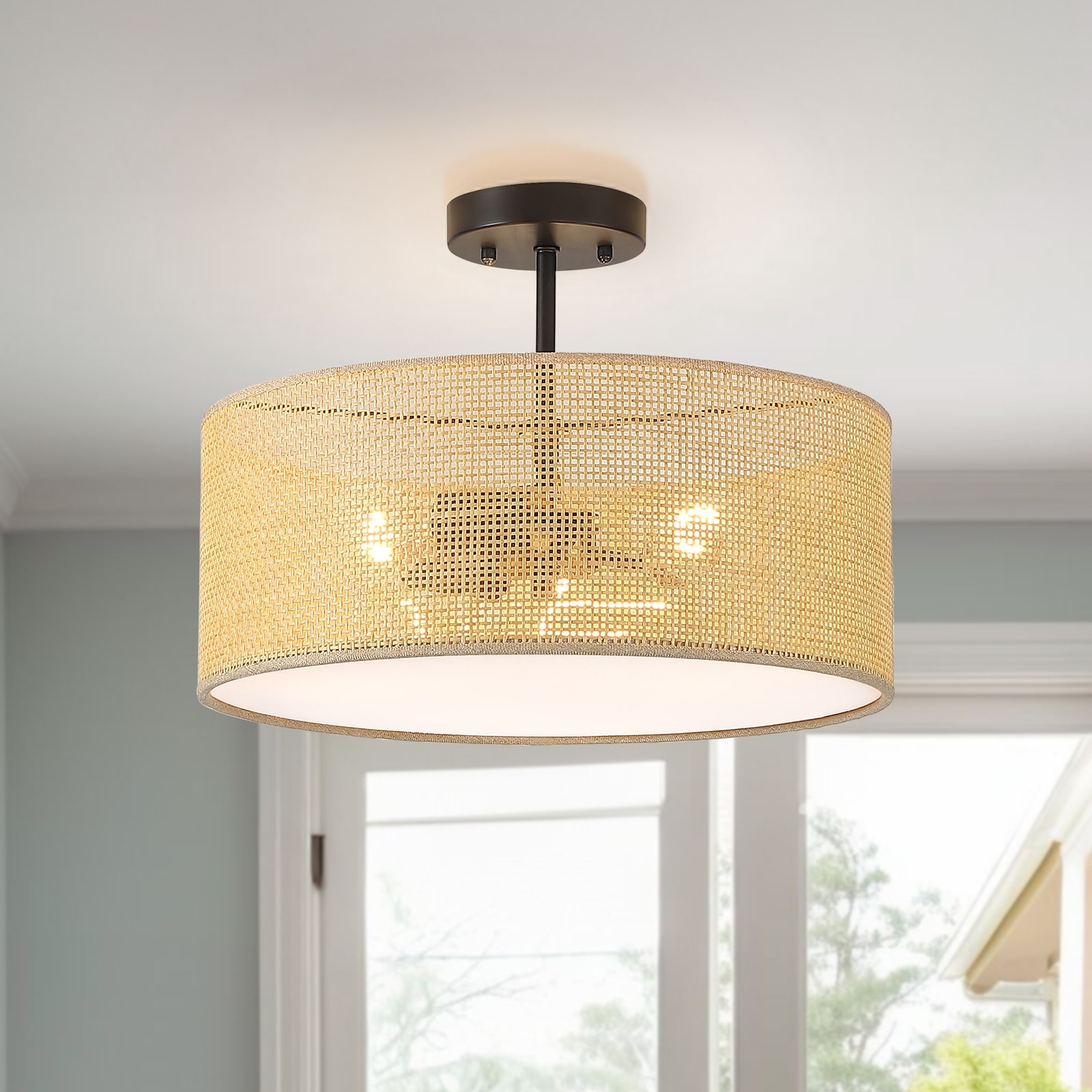 Bayou 3 Light Rattan Drum Semi Flush Mount with Black Canopy 16 W