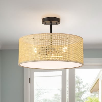 Bayou 3-Light Rattan Drum Semi-Flush Mount With Black Canopy - 16''W