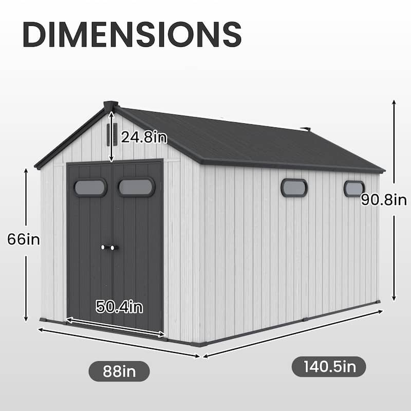 All-Weather Outdoor Storage Shed Waterproof Resin Garden Shed with Floor, Lockable Doors, Skylight for Lawn Tools & Bikes