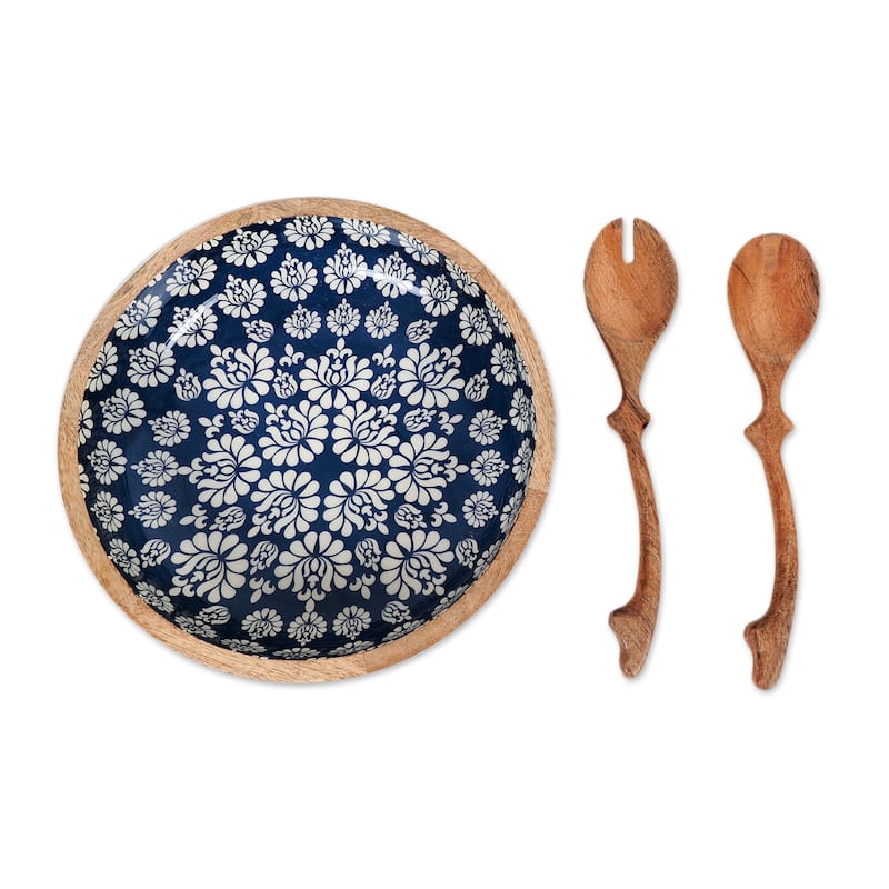 Novica Handmade Delhi Lotus Mango Wood Salad Bowl And Servers (3 Pieces)