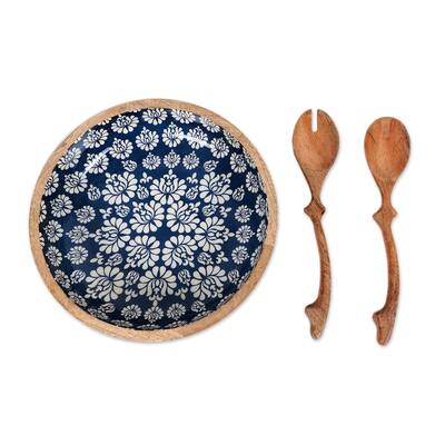 Novica Handmade Delhi Lotus Mango Wood Salad Bowl And Servers (3 Pieces)