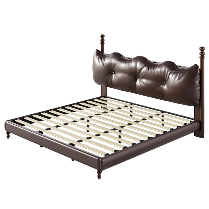 Christopher Knight Home - Eno Modern PU Leather Upholstered Platform Bed Frame with Wood Bedposts, No Box Spring Needed