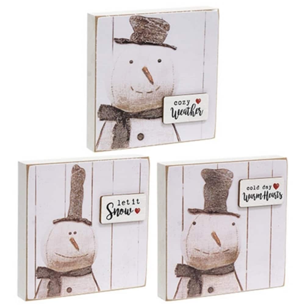 Snowy Word Tag Stitched Snowman Wooden Blocks - 3 Asstd. - 4.50" x 0.75" x 4.50"