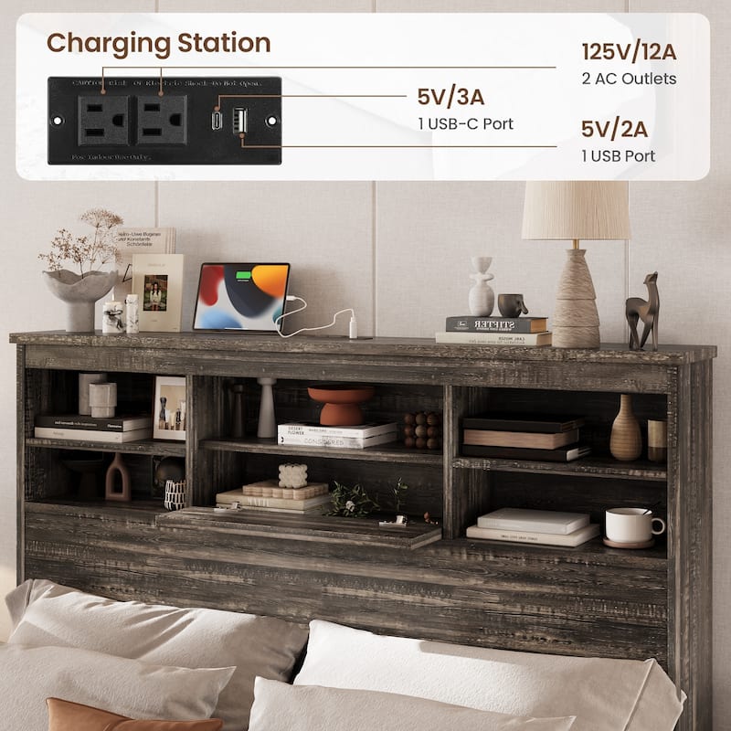 Queen 4PCS Wooden Bedroom Set with Storage Headboard and Charging Station