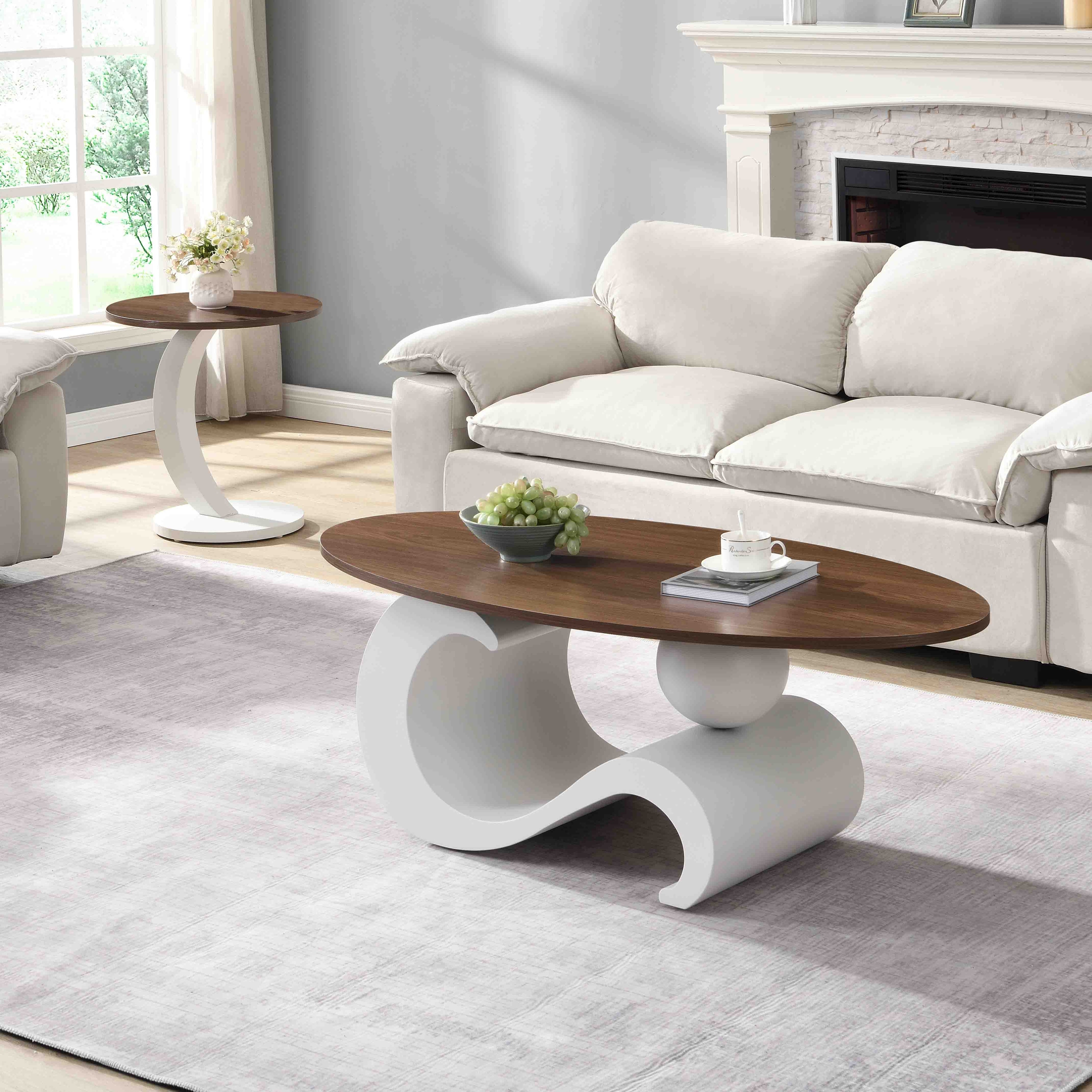 Modern Nesting Coffee Table Set of 2 with Oval and Round Tables, Accent Table with Curved Metal Bases