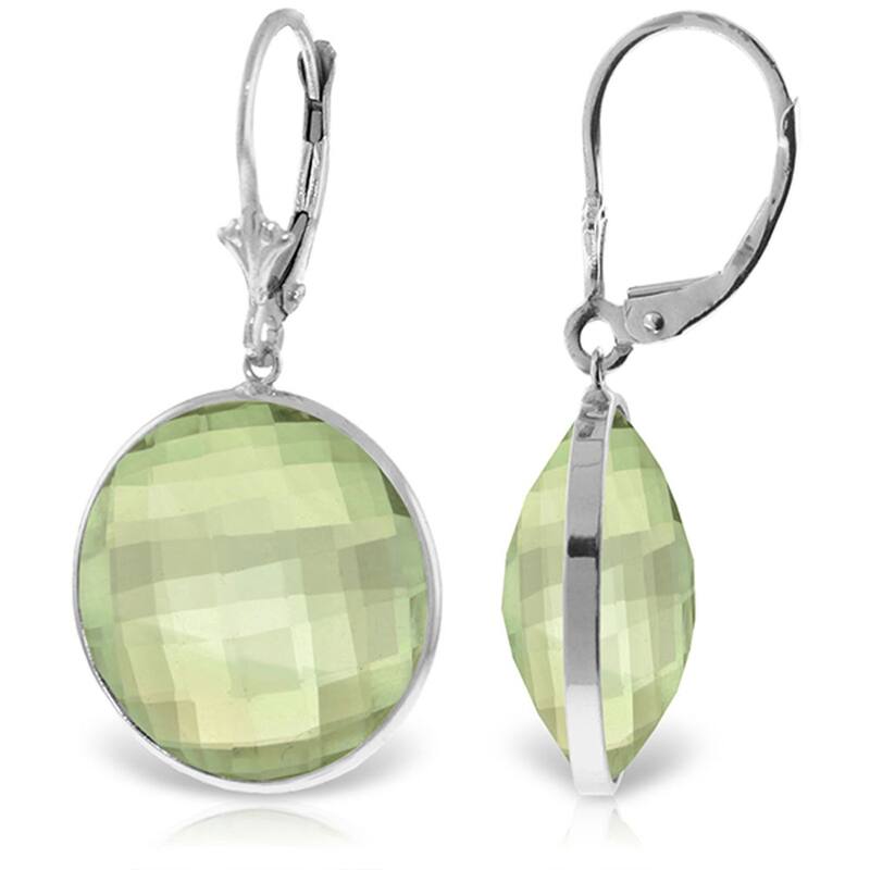 14K Solid Gold Leverback Earrings Round Green Amethyst Certified - White
