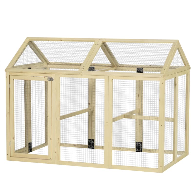 PawHut Chicken Run, Wooden Large Chicken Coop, Combinable Design with Perches & Doors for Outdoor, Backyard, Farm - Natural Wood - Chicken