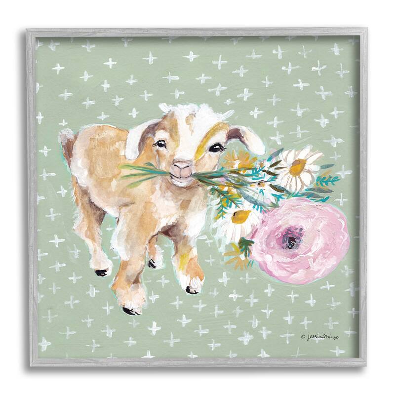 Stupell Attentive Buckling Goat Offering Flowers Studded Backdrop Framed Wall Art, Design by Jessica Mingo - Green